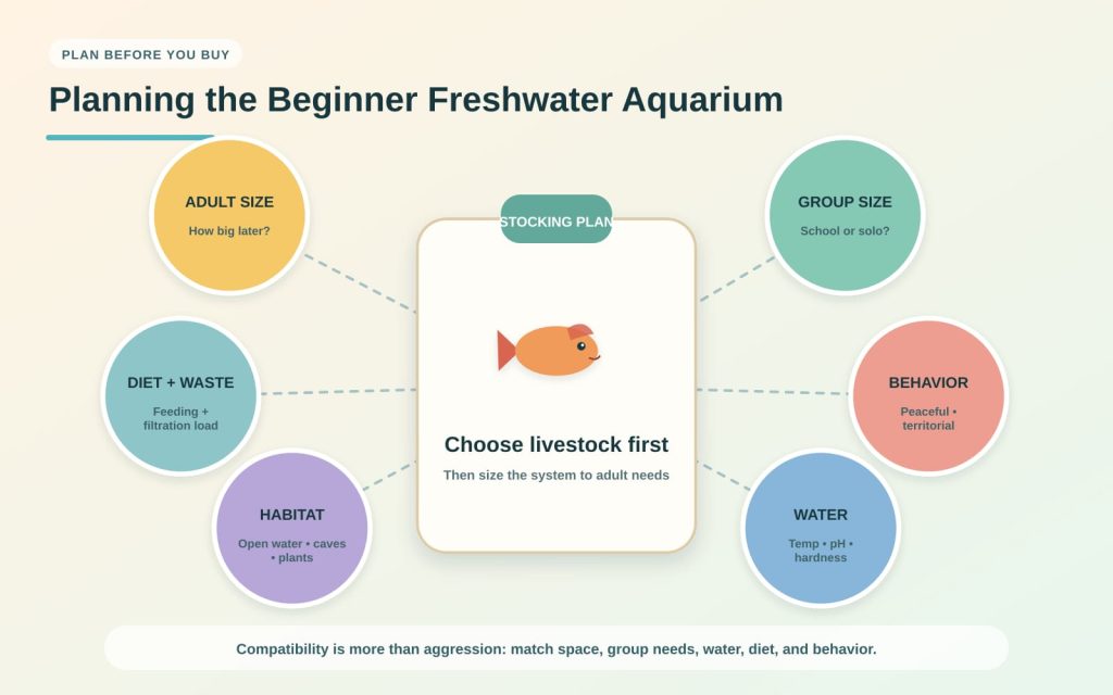 In a freshwater aquarium, the fish's adult size, behavior, group requirements, habitat, diet, and water needs are important when developing the plan for setting up the aquarium.