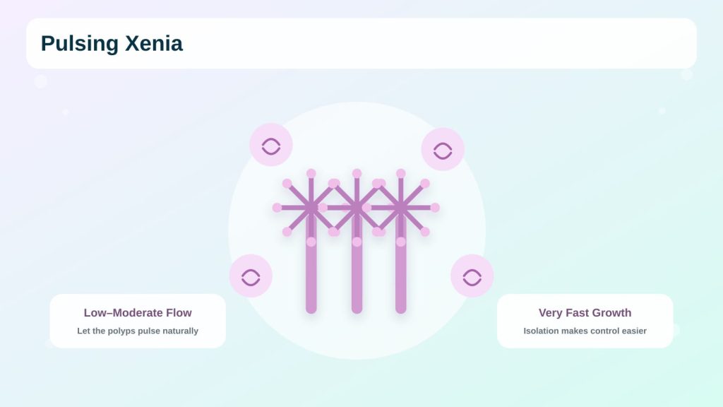 The beginner guide to pulsing Xenia coral showing low to medium water flow and fast growth of the colony.