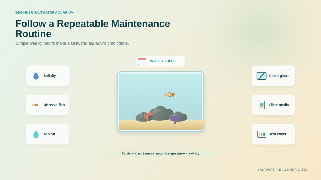 Routine maintenance scheme for seawater aquarium, including salt tests, glass cleaning, filtering, tests, topping, and checking devices.