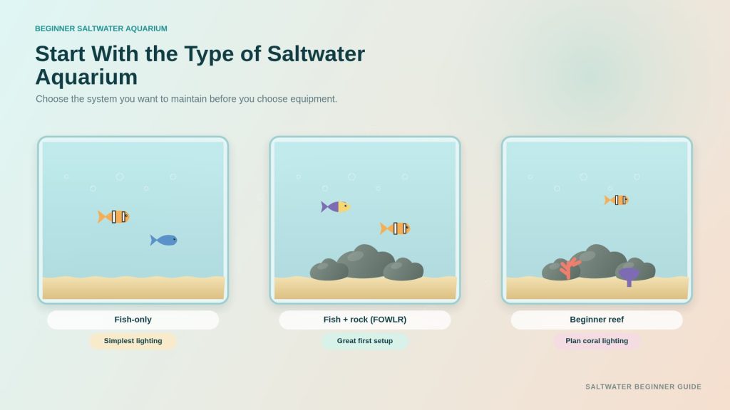 Saltwater aquarium options for beginners explained in terms of fish-only, FOWLR, and reef aquariums.