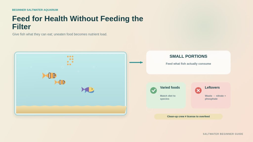 An image on feeding saltwater fish for beginners showing defined portions, an array of fish feeds, and reduced waste.