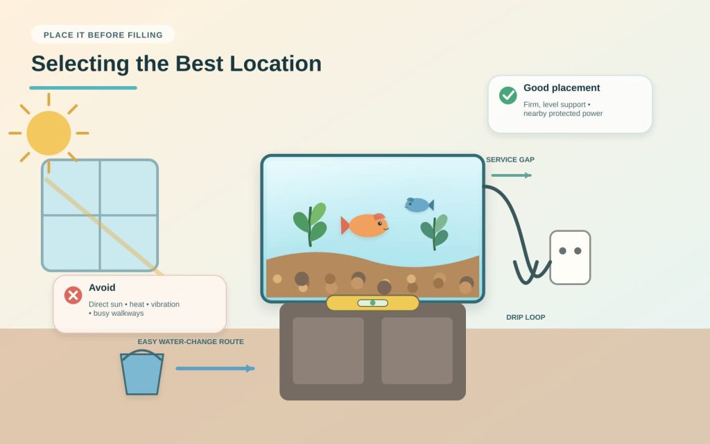 Guide for where to place an aquarium, featuring equal levels of aquarium stand, availability of electric supply source nearby, and ensuring that the aquarium does not face sunlight directly.