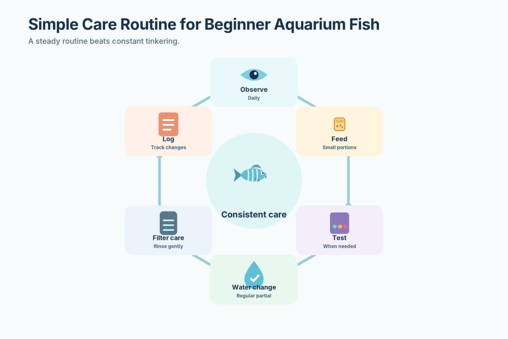 An infographic displaying a step-by-step guide for beginners who want to take care of marine fish, including feeding, observing fish, changing water, maintaining filters, and testing water quality.