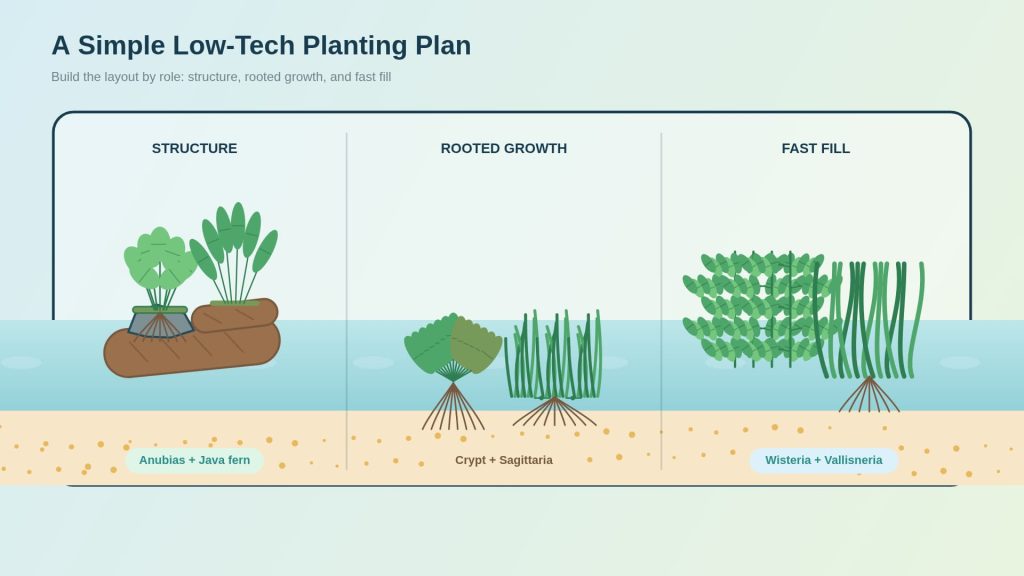 Aquascaping beginner planting plan with a combination of hardscape plants, rooted plants, and fast-growing background plants