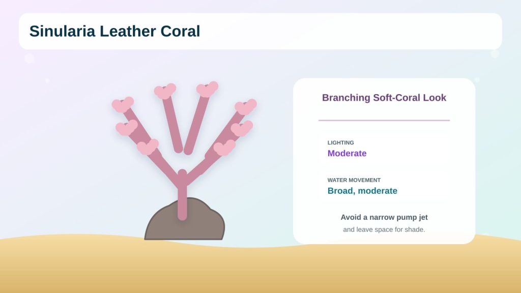 Sinularia leather coral infographic providing information on species development, lighting conditions, and water flow.