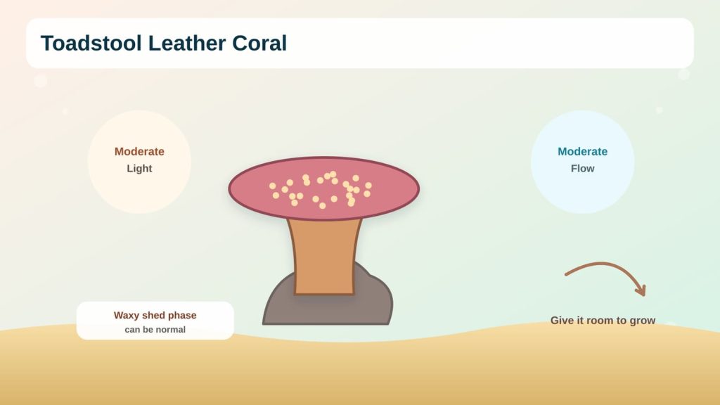 Toadstool leather coral infographic demonstrating lighting conditions, water flow, shedding behavior of the species, and placement.