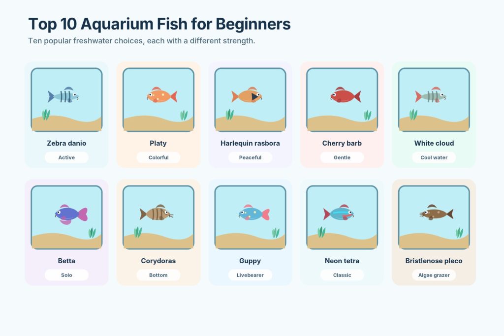 Infographic on top ten fish types for beginner aquarists, including zebra danios, platies, rasboras, bettas, Corydoras, guppies, and other sorts of freshwater fish that are easy to maintain.