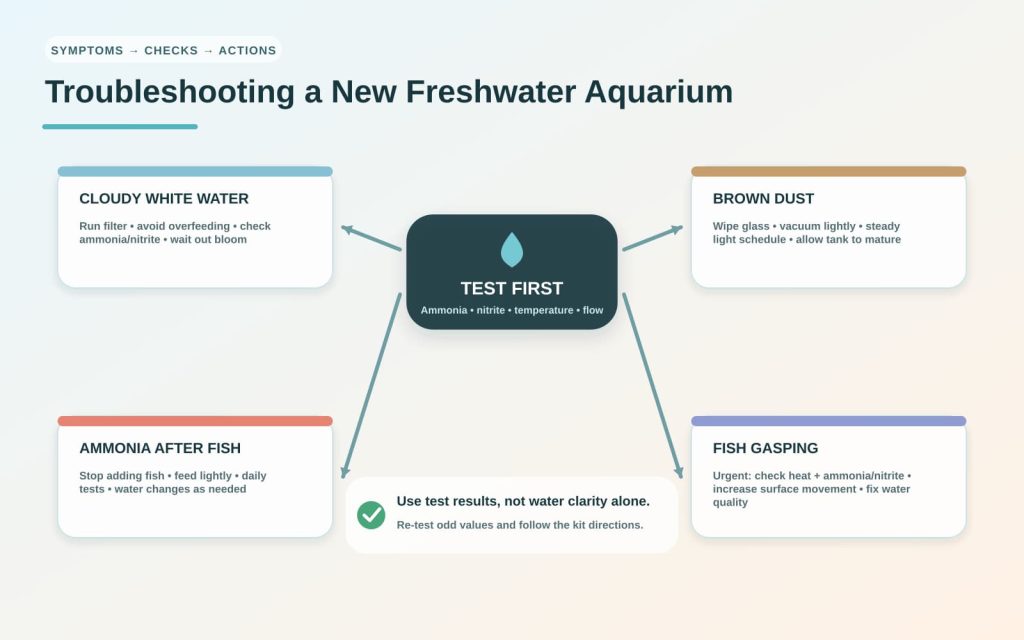A guide to troubleshooting freshwater aquariums in case of cloudy water, brown algae, and ammonia after the addition of fish and fish gasping for air.