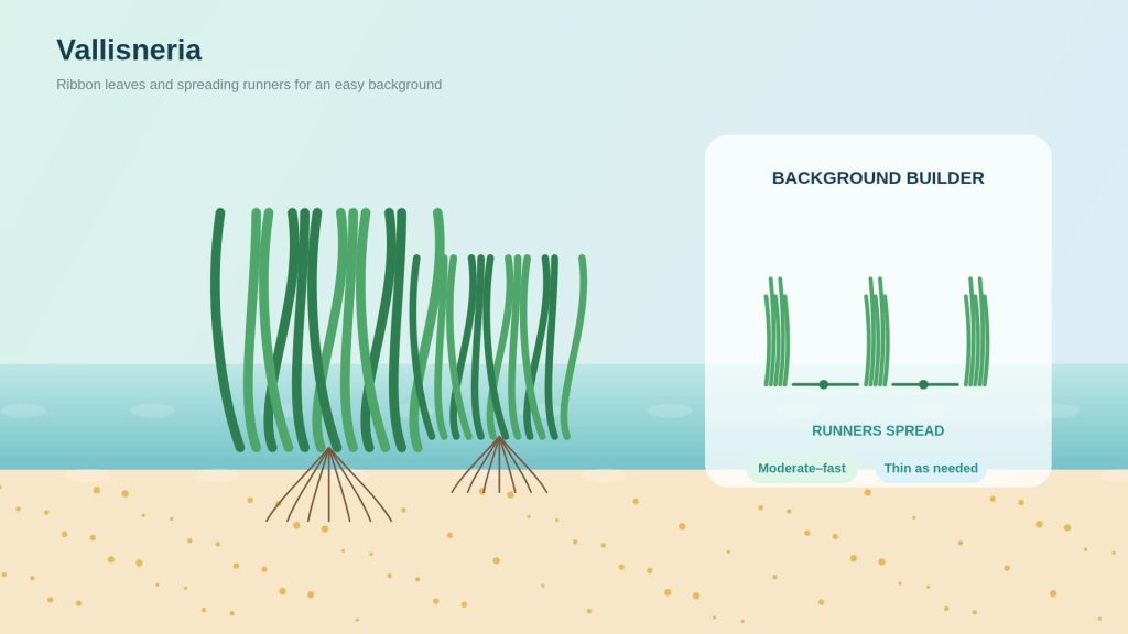 Vallisneria with long ribbon leaves and runners in the background.