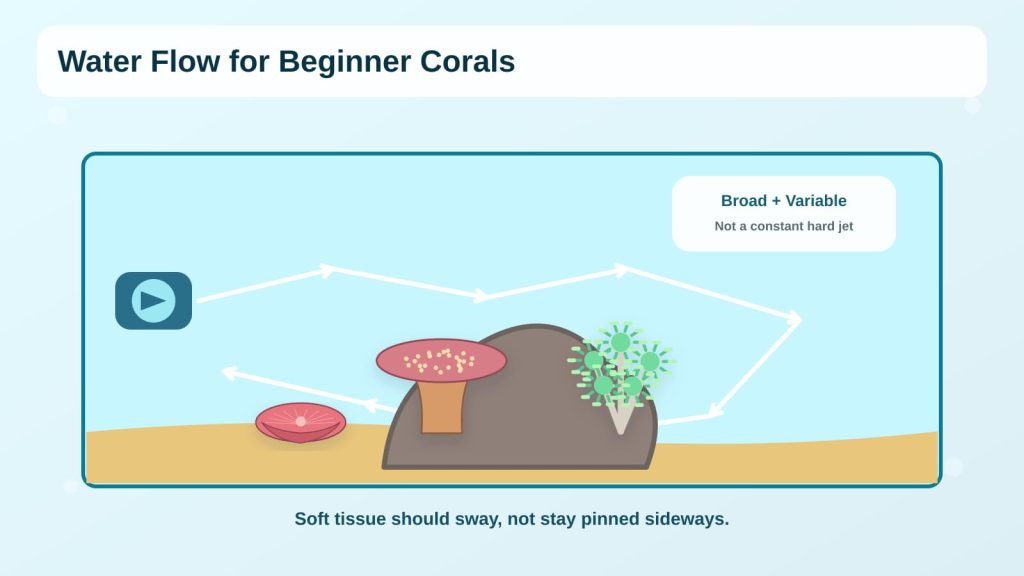 Basic coral water movement infographic showing various kinds of water movement affecting soft corals in reef tanks.
