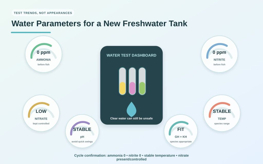A dashboard displaying variables like ammonia, nitrites, nitrates, pH, GH, and KH in a freshwater aquarium.