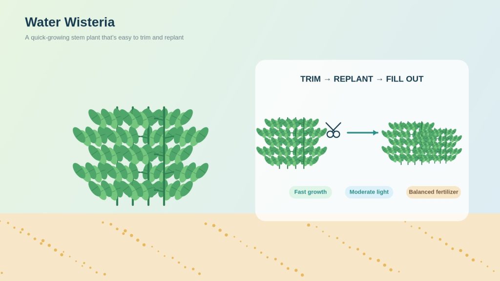 Water wisteria aquarium plant is illustrated with a method of trimming, replanting, and regrowing to achieve denser growth of the stems.