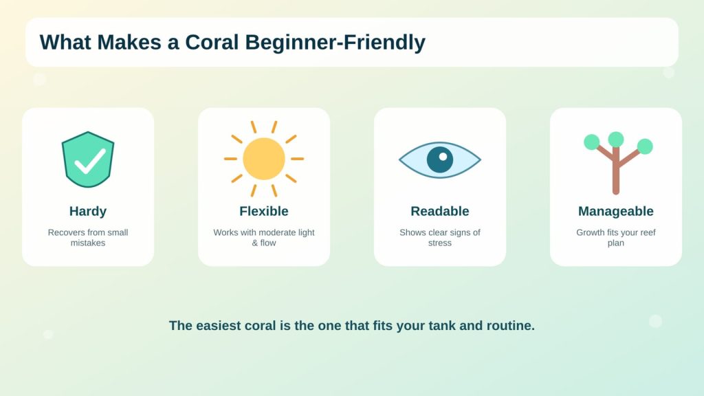 Beginner coral infographic providing information on hardness, care requirements, signs of good health, and ability to grow.