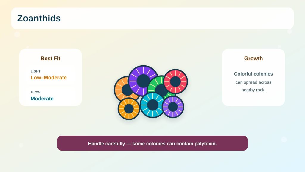 Zoanthid coral infographic showing colorful polyps, light demands, flow needs, and growth habits.